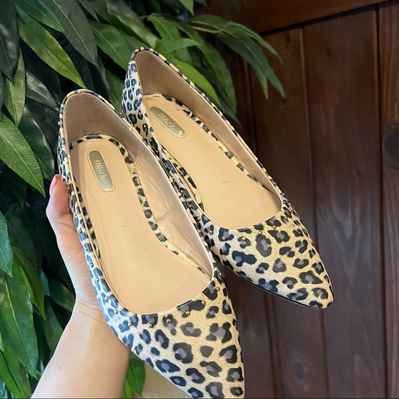 Genuine Leather Upper Leopard Print Studded Pointed Toe Flats - Picture 2 of 7